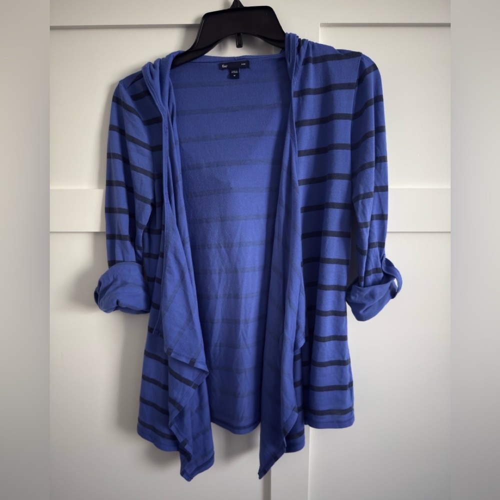 GAP Blue and Black Striped Open-Front Hooded Cardigan